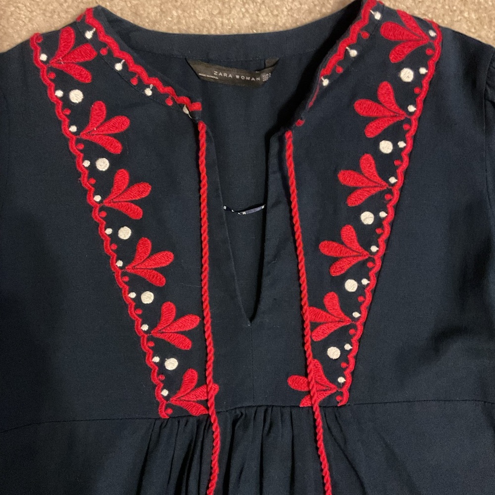 Zara Woman Boho Navy Blue Red Embroidered Tunic Long Sleeve Midi Dress Women’s L - Picture 7 of 14